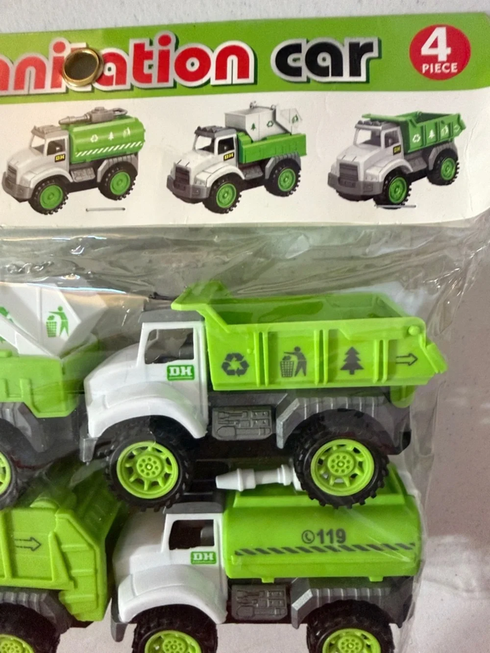 Sanitation Trucks -4 piece Kids Toy Truck Set - Green & White- New